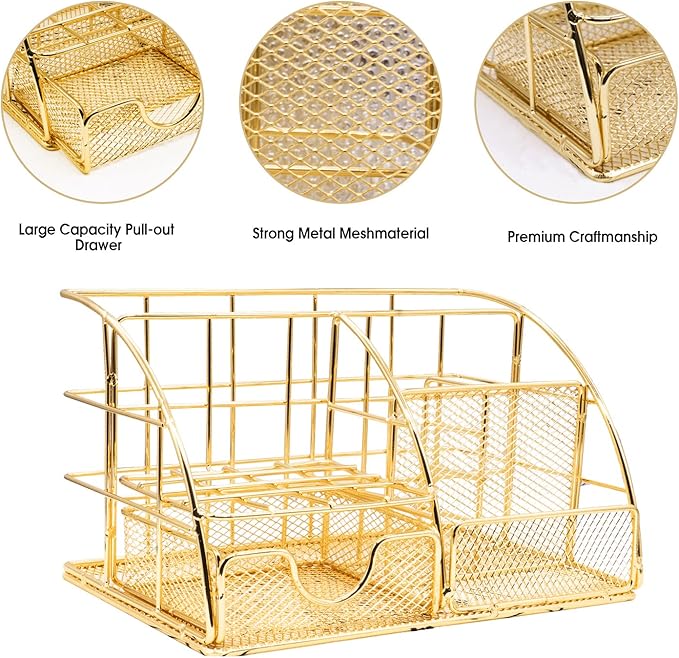 KAAKOW Gold Desk Organizers and Accessories Office Supplies Set Stapler, Pen Holder, Phone Holder, Scissors, Pen, Ruler, 30 Paper Clips, 22 Binder Clip, 20 Tacks and 1000pcs Staples (Gold)