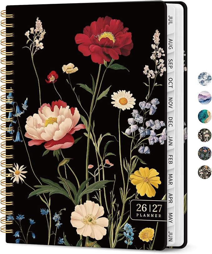 Planner 2026-2027, Academic Monthly and Weekly Calendar Planner for Women, July 2026 - June 2027, Hardcover Pretty Agenda Planner Book with Tabs, Spiral Daily Organizer for School Office Home Supplies, 6.3" x 8.5" - Peony Bloom
