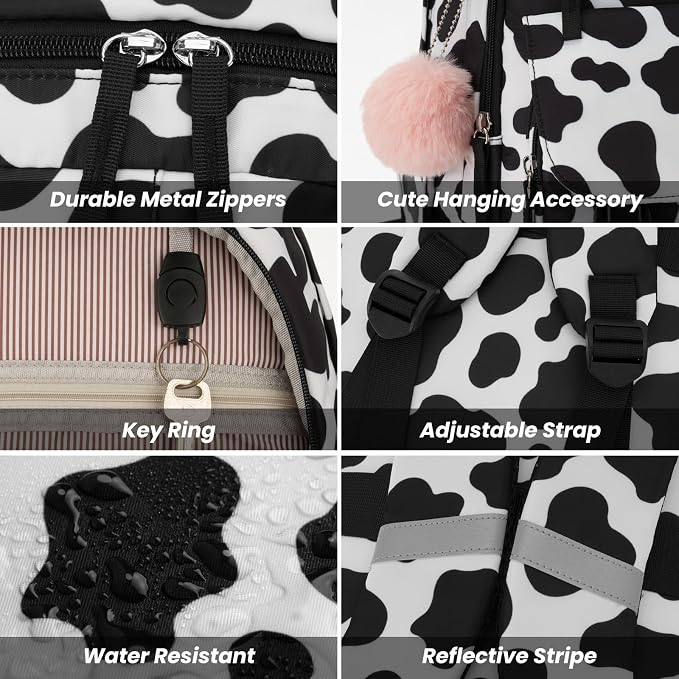 WINDARS School Backpack for Teen Girls, Cute College Backpacks for Women Students Aesthetic Bookbag Large 15.6 Inch Laptop Bag Middle School Travel Back Pack (Cow Print Black)