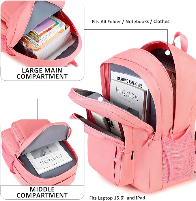 abshoo Girls Solid Color Backpack For College Women Water Resistant School Bag (Peach Pink)