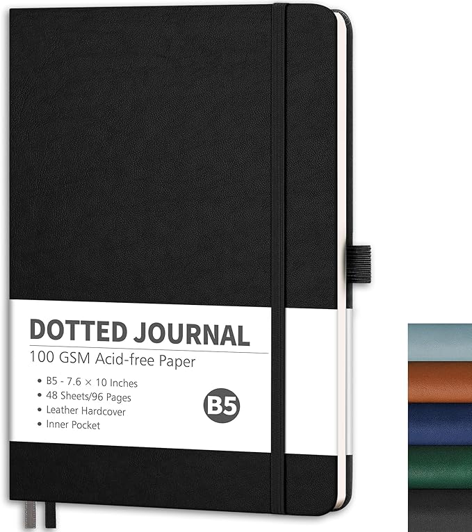RETTACY Dotted Journal Notebook, 96 Pages, B5 Medium Size (7.6'' x 10''), Leather Hardcover, 100 GSM Thick Paper, for Journaling, Planning, Tracking (Black)
