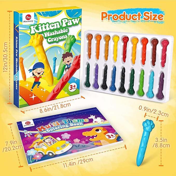 Mocoosy 18 Colors Jumbo Crayons for Toddlers 1-3, Mess-Free Washable Crayon with Coloring Book Set for Kids Ages 4-8, Non Toxic Crayons Kit Art Supplies Coloring Gift Travel Road Trip Activities