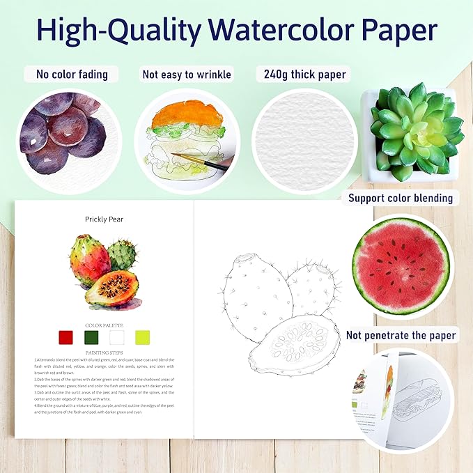 CraftyManor Watercolor Workbook Creative Insect Water Color Paint Book Set with Paints & Brush, 12 Patterns of Original DIY Designs, Beginner-Friendly Adult Coloring Books (FF-SG)