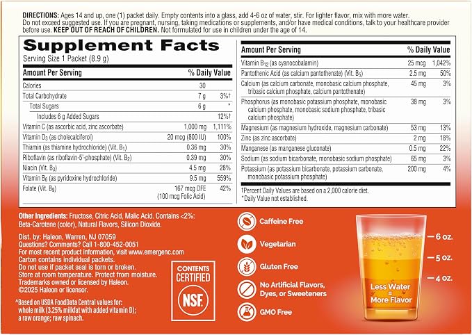 Emergen-C 1000mg Vitamin C Powder for Daily Immune Support Caffeine Free Vitamin C Supplements with Zinc and Manganese, B Vitamins and Electrolytes, Super Orange Flavor - 30 Count