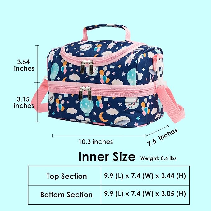 Insulated Kids Dual Compartment Lunch Bags Tote for Girls Boys Toddler Lunch Boxes Pre-School Toddler Kindergarten Picnic Camp Food Cooler Thermal with Strap (Balloon Bunny)