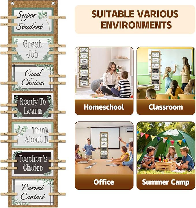Student Behavior Clip Chart for Classroom Management Kids,Reward Chart for Kids Hanging Bulletin Board Teacher Supplies for School Preschool (Eucalyptus)