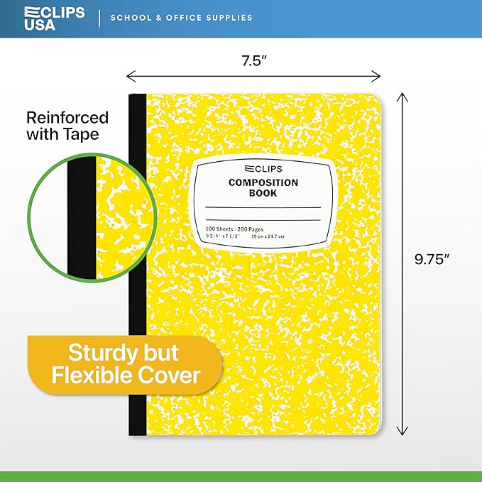 Composition Notebook Wide Ruled Composition Notebooks Bulk Yellow Marble Hard Cover Wide Ruled Notebook Paper Note Books For Schools Marble Composition Books 100 Sheets 200 Pages 9.75” x 7.25” (6 Pack, Yellow)