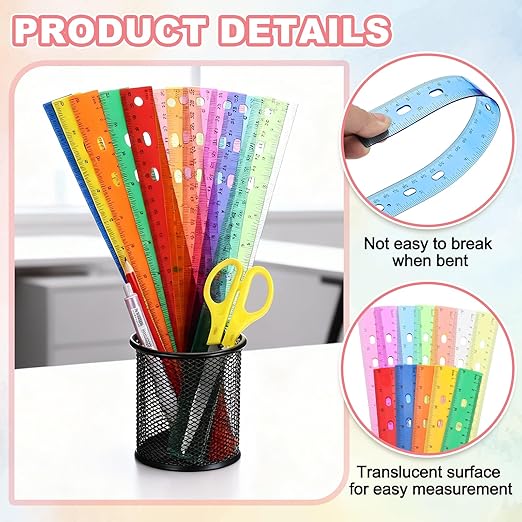 HARFINGTON 5pcs Plastic Rulers 12" (30cm) Clear Straight Ruler Measuring Tool Inches and Centimeters with Hole for Home Office Classrooms Drafting, Clear Blue