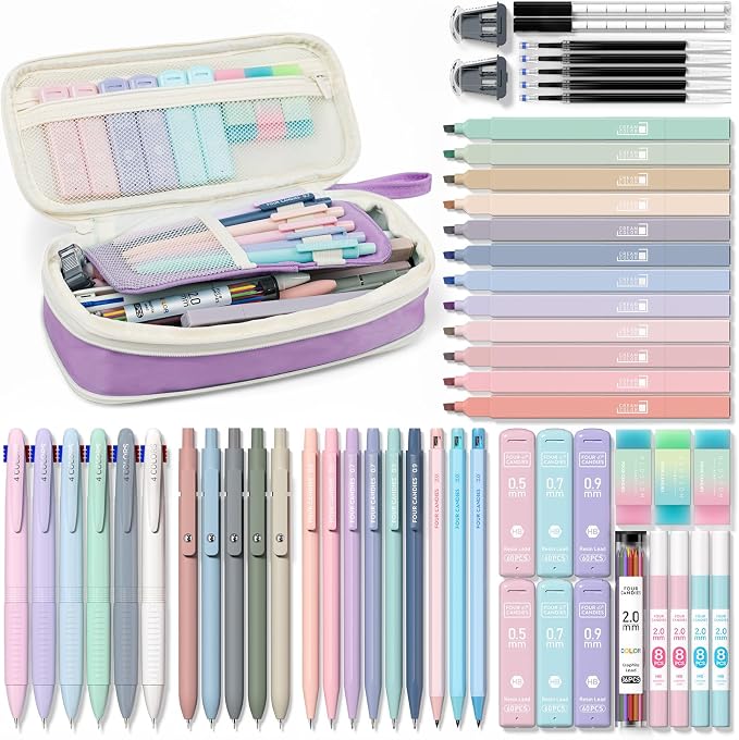Four Candies 56PCS School Supplies with Pencil Case, Stationery Set, Purple | 6 Multicolor Pens, 12 Pastel Highlighters, 5 Gel Pens, 9 Mechanical Pencils, Back to School, College Essentials for Students