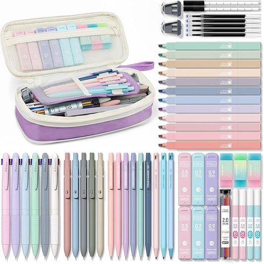 Four Candies 56PCS School Supplies with Pencil Case, Stationery Set, Purple | 6 Multicolor Pens, 12 Pastel Highlighters, 5 Gel Pens, 9 Mechanical Pencils, Back to School, College Essentials for Students