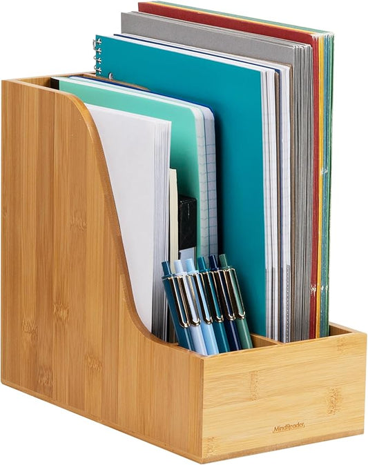 Mind Reader Vertical File Storage, Desktop Organizer, Magazine Holder, Office, Bamboo, 6"L x 11"W x 10"H, Brown