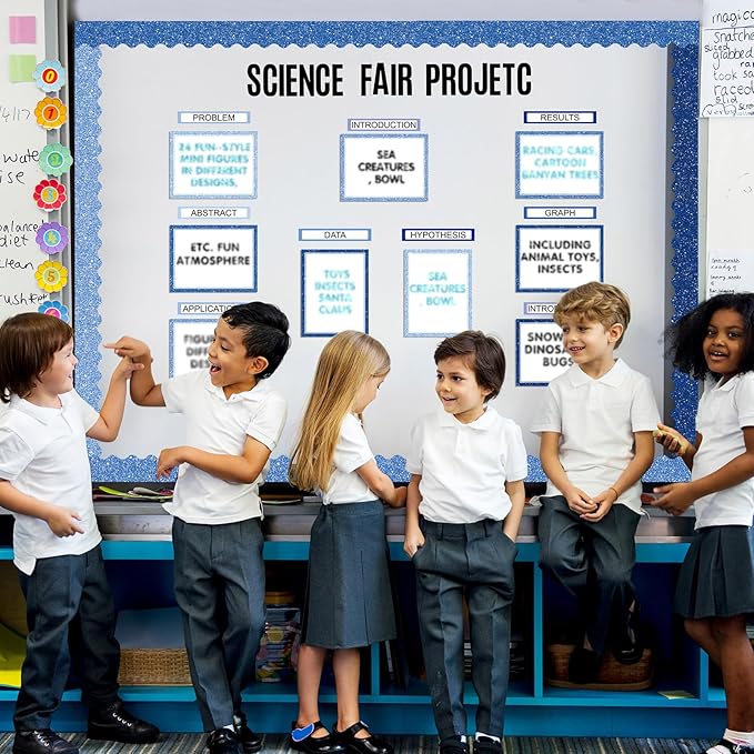 Sinload 92 Pcs Science Fair Board Supplies 60 Trim Scalloped Poster Boards 18 Presentation Subtitles 6 Project Titles 8 Letter Sticker for Classroom Display Boards(Glitter Blue,Wave)