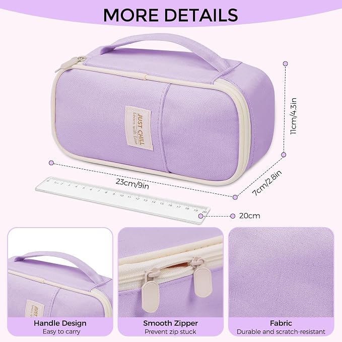 SKYDUE Purple Pencil Case for Girls – Large Capacity Zippered Pencil Pouch with Multi-Compartment, Aesthetic Pencil Bag for School & Office Supplies
