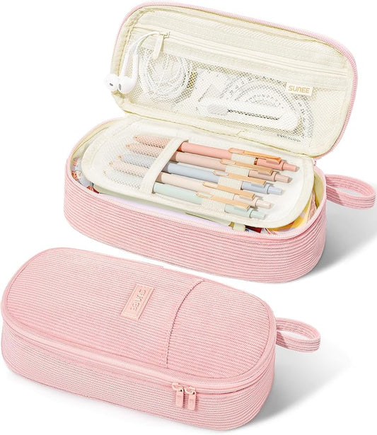 SUNEE Cute Pencil Case, Large Pencil Pouch, Aesthetic Big Pencil Bag with Zipper, Kawaii Stationery Storage and Organizer, Soft Corduroy Bag School Supplies for Teen and Adult, Boys&Girls, Soft Pink