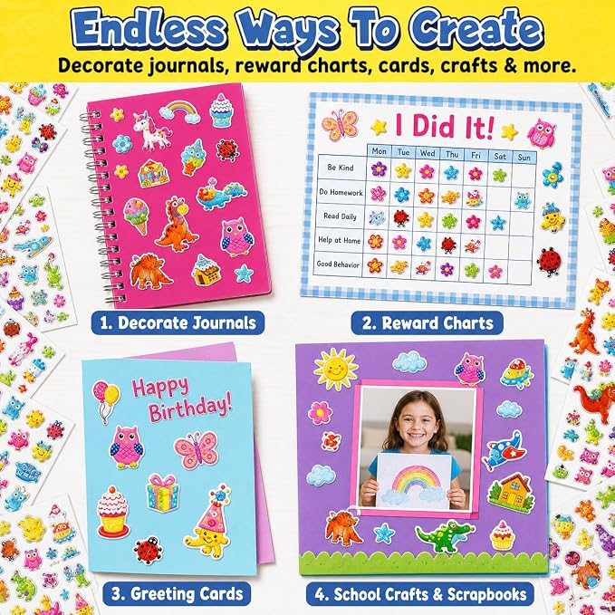 Purple Ladybug 1900+ Puffy Sticker Collection for Kids 4-8 - 80 Unique Reusable Sheets, Creative 3D Designs - Reward Stickers, Arts & Crafts Set, Travel Activities, Road Trip Essentials & Toys