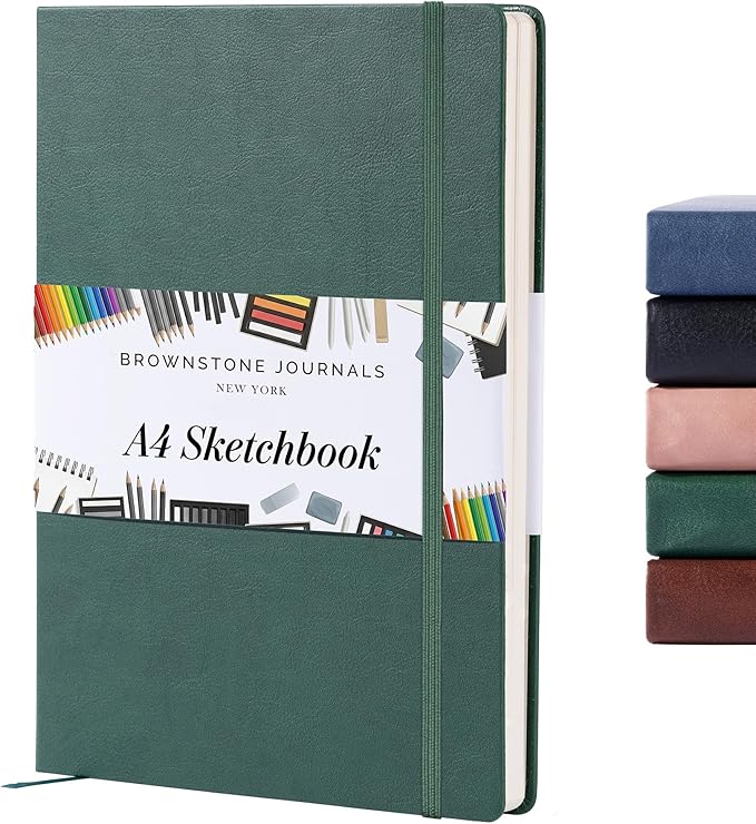 BROWNSTONE JOURNALS A4 Sketch Book Hardcover - 80 Sheets 100 GSM Paper 8.5"x11.5", Lay Flat, Vegan Leather Cover, Elastic Band, Back Pocket, Art Drawing Book (Dartmouth Green)