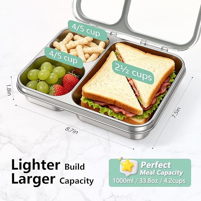 HOMEKOL Stainless Steel Bento Lunch Box, 3-Compartment Leak-Proof Metal Lunch Container for Kids & Adults, BPA-Free, Dishwasher Safe, Clear Tritan Lid, 4.2Cups/1000ml Grey (Not Insulated)