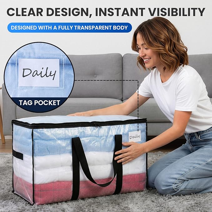 TAILI Extra Large Moving Bags, 12 Pack Clear Heavy Duty Totes For Storage with Visible Window, Wrap Around Handles, Storage Bags for Space Saving, Alternative to Moving Boxes