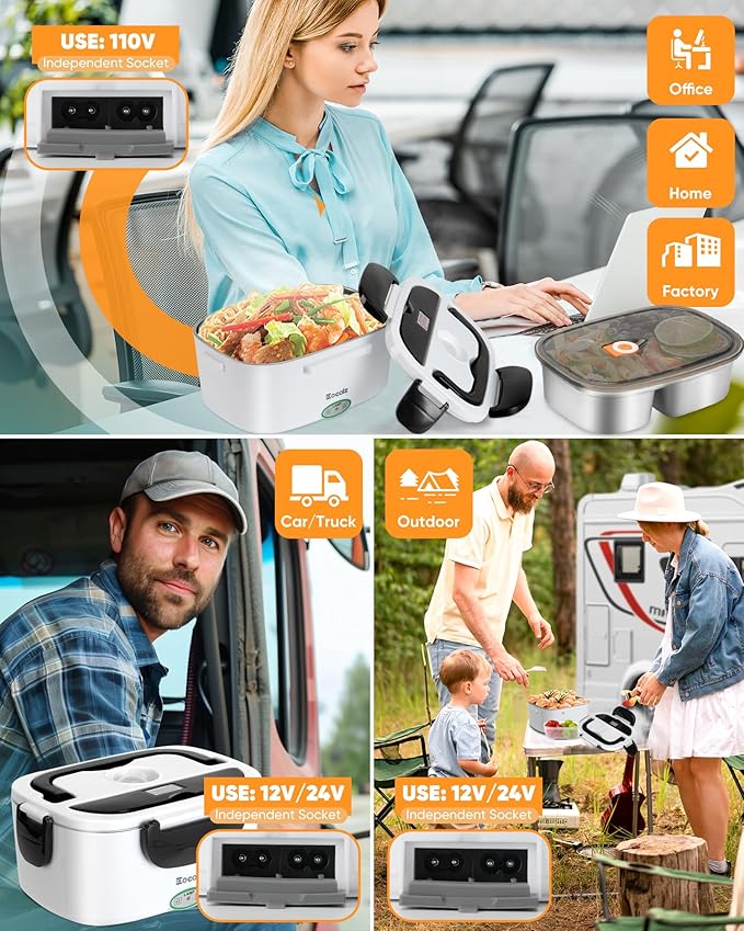 Eocolz Electric Lunch Box Food Heater 60-80W for Adults, Portable Food Warmer Heated Lunch Box for Car Truck Work with 1.5L Stainless Steel Container Fork & Spoon 12/24/110V Lonchera Eléctrica