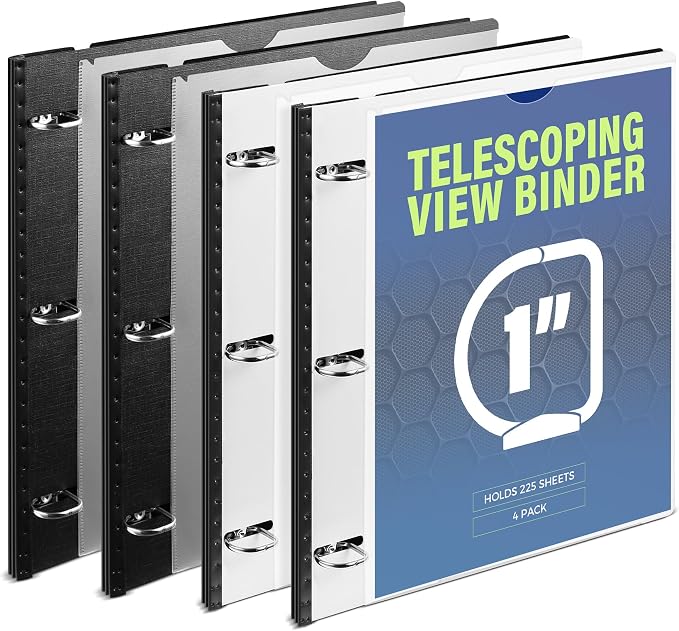 WOT I 1 Inch Telescoping 3 Ring Binder 4 Pack, Expandable Flexible Binder with Customizable Front Cover & Clear Catalog Pocket, Holds 8.5"x11" Paper, School Office Supplies, Black+White