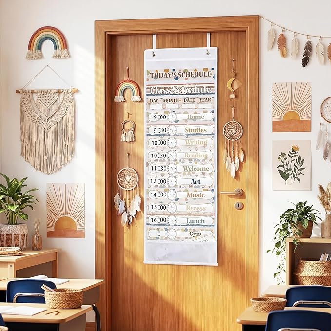 Daily Schedule Pocket Chart for Classroom Decor with 13+1 Pockets and 42 Designed Schedule Cards, Teacher Supplies for Preschool Classroom Home Office Back to School Decorations(Boho)