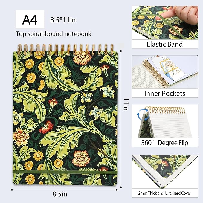 Top Spiral Notebook 8.5x11,Flip Notebook,Top Steno Notepad 240 Pages, College Ruled, Hardcover Top Bound Notebook, Left-Handed,Spiral Notepads for women,Work,Office back to school supplies Carnation