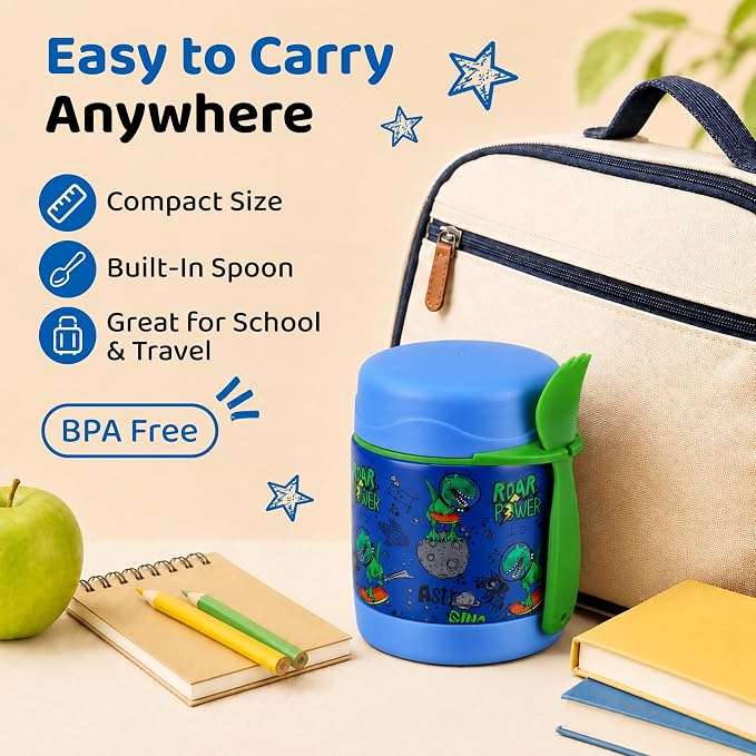 10oz Soup Thermo for Hot Food Kids Insulated Food Jar,Thermo Hot Food Lunch Container, Width Mouth Stainless Steel Lunch Box for Kids with Spoon (Blue-dinosaur)