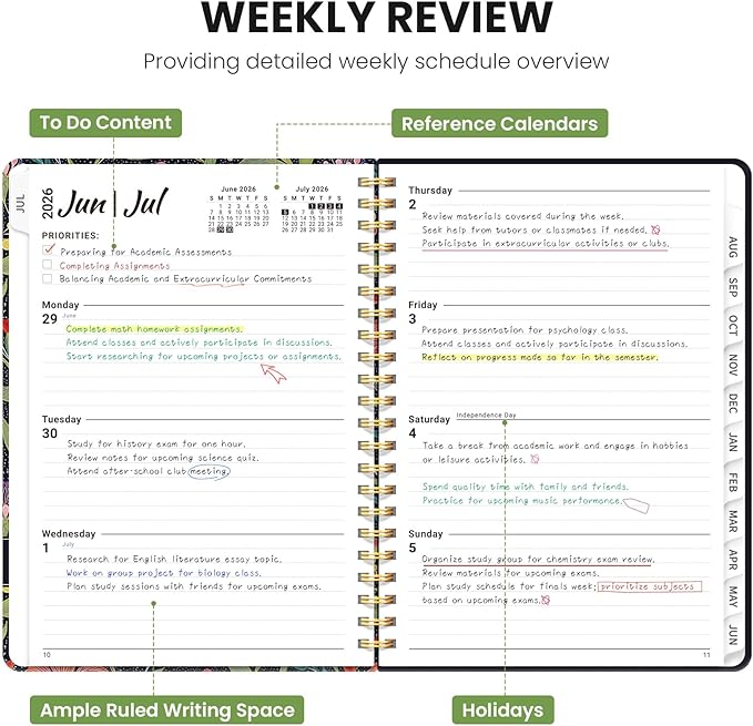 Planner 2026-2027, Academic Planner Weekly and Monthly, Jul 2026 - Jun 2027, Spiral Bound School Planning Tool with Tabs and Pocket, Perfect for Students & Teacher, 6.3" x 8.5", Floral Starlight