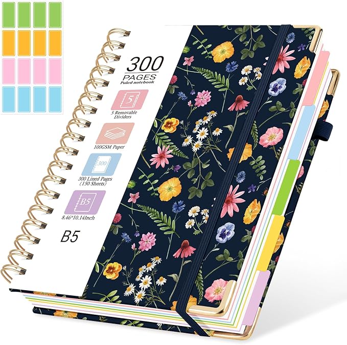 Hardcover Spiral Journal Notebook, 300 Pages 5 Subject Notebook College Ruled with Removable Dividers Tabs, 8" x 10" Notebooks for Work, Spiral Ruled Lined Writing Journal Hardcover Leather Notebook for School (Navy Blue Floral, 8''x 10'')