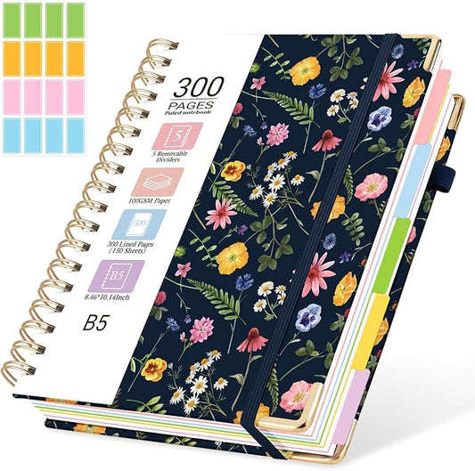 Hardcover Spiral Journal Notebook, 300 Pages 5 Subject Notebook College Ruled with Removable Dividers Tabs, 8" x 10" Notebooks for Work, Spiral Ruled Lined Writing Journal Hardcover Leather Notebook for School (Navy Blue Floral, 8''x 10'')