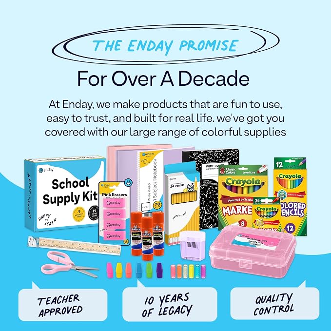 Enday Back to School Supplies for Kids - Pastel Kids School Supply Box, School Supplies Kit with Folders, Notebook, Composition Book, Pencils, Scissors, Markers, Crayons & Glue Sticks