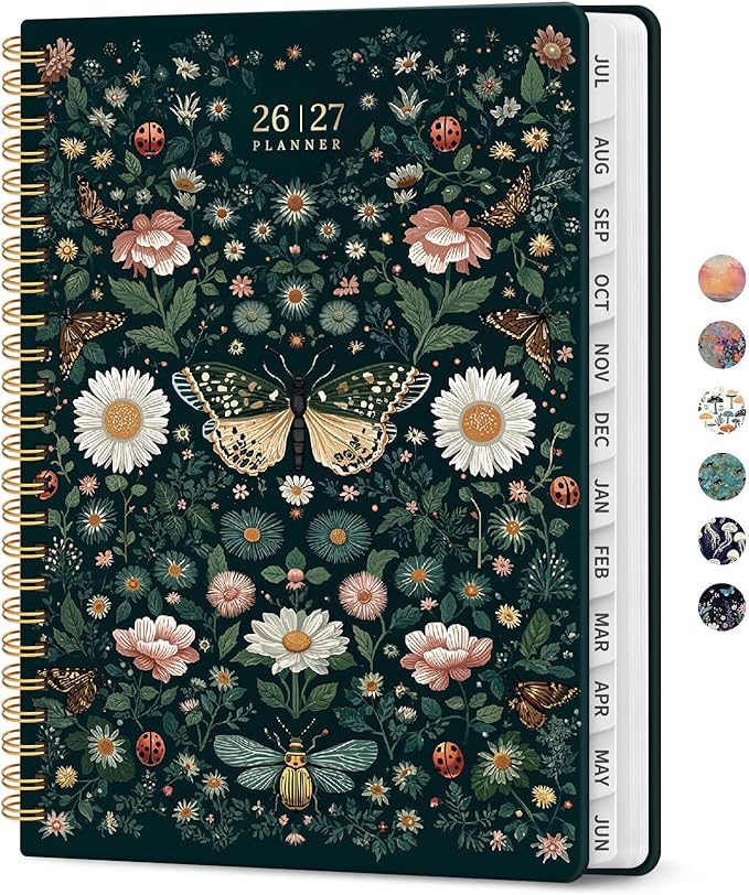 Planner 2026-2027, Academic Year Monthly and Weekly Calendar Planner, Jul 2026 - Jun 2027, Hardcover Teacher Student Planning Agenda book with Tabs, Perfect for School Office Supplies, 6.3" x 8.5" - Insects in Blooms