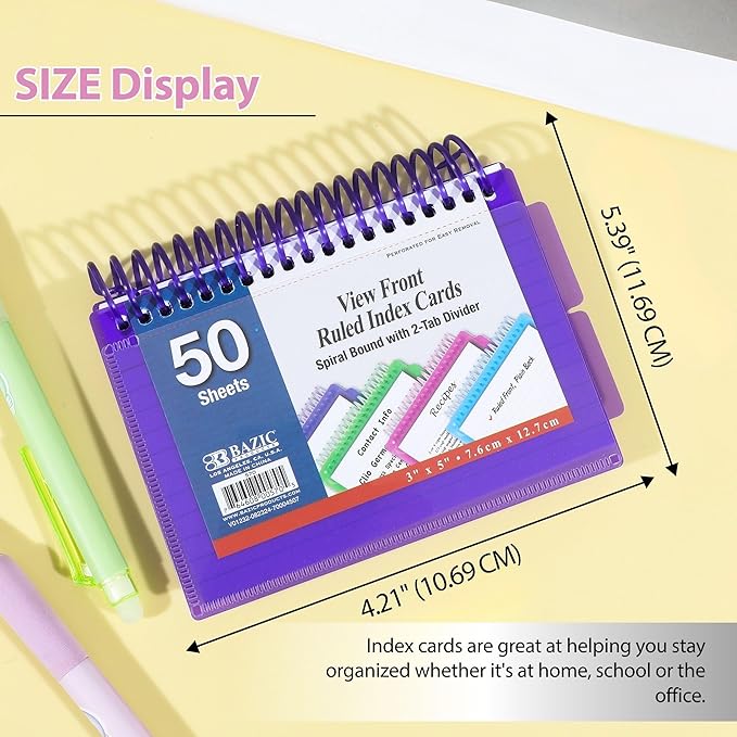 BAZIC Products Ruled Index Cards Book 3" X 5", View Poly Cover Spiral Bound Memo w/ 2 Tab Divider, White Flashcards, Lined Card for Memory (50/Pack), 24-Packs