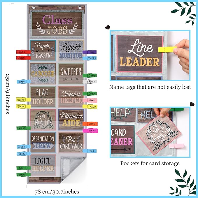 Blosssound Class Jobs Pocket Chart with 31 Cards 40 Colored Clips Classroom Teacher's Helper Management Educational Pocket Chart Bulletin Board Decorations Preschool Supplies (Farmhouse)