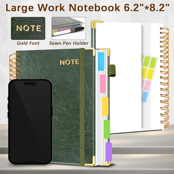 Hardcover Spiral Notebooks for Work 6.2"x 8.2", 300 Pages 5 Subject Notebook with Dividers & Tabs, A5 Spiral Journal for Women, College Ruled Notebook for School Note-Taking (Green)