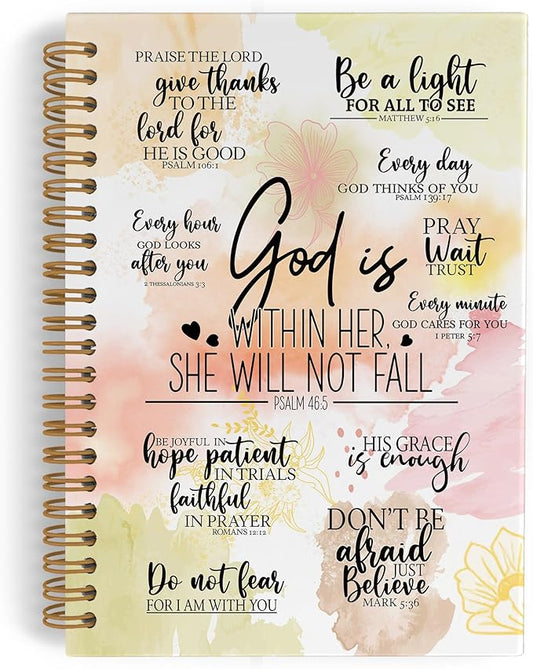 QLMX Christian Gifts for Women Spiral Notebook, God Is Within Her She Will Not Fall A4 Journal Notebook, Bible Verse Notebooks for School Work, Inspirational Religious Office Supplies Gifts, 8.3x11.7