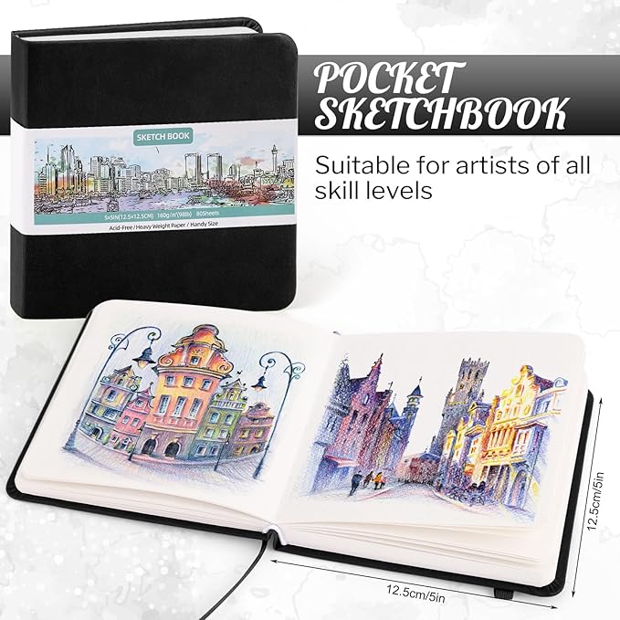 Prudiut Hardcover Pocket Sketchbook, 5" x 5" Square Mini Sketchbook, 98lb/160gsm Heavyweight Tiny Sketch Book, 80 Sheets Small Travel Drawing Journal for Adults, Artist, Ideal for Gift (Black)
