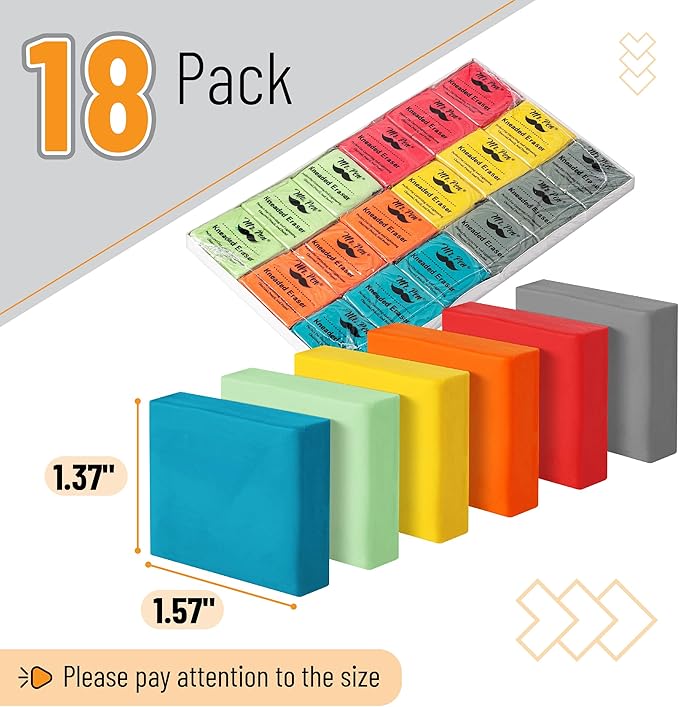 Mr. Pen- Kneaded Erasers, 1.37"x1.57", 18 Pack, Colorful, Soft Moldable Art Erasers for Charcoal, Graphite & Pastel Drawing, Precision Highlighting, Smudge Control, Easy Shaping for Artists & Students