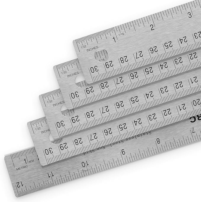 5 Pack | Pacific Arc Stainless Steel 12 Inch Metal Ruler Non-Slip Cork Back, with Inch and Metric Graduations