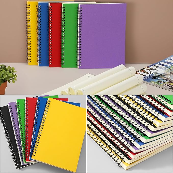 Leelosp 12 Pcs Small Spiral Notebook Lined Spiral Journal College Ruled Notebook Wire Bound Kraft Cover, 120 Pages for Work (Black,Yellow,Green,Purple,Red,Blue,5.5 x 8.3 Inch)
