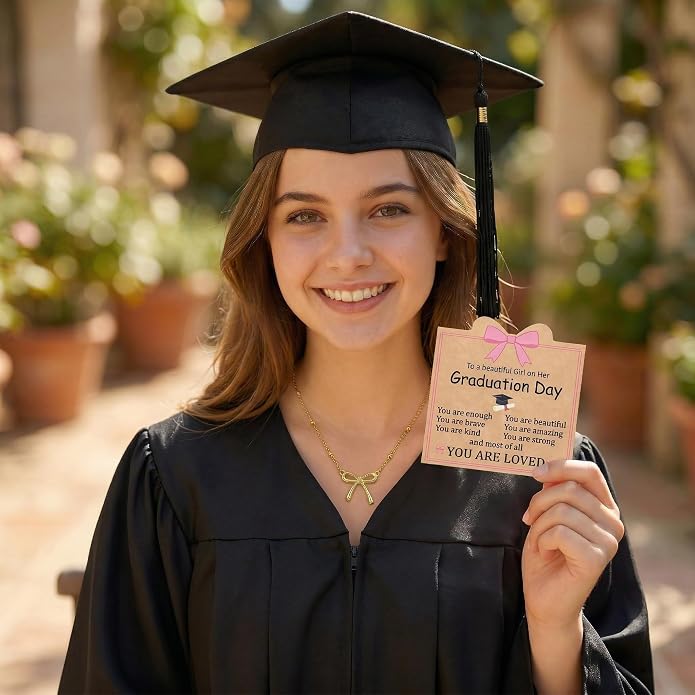 Gold Bow Necklace with Card, Graduation/16th/Back to Shool Gifts for Girl - You Are Enough and Loved