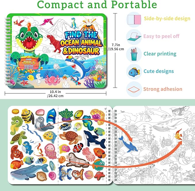 Elfew Search and Find Sticker Book for Kids Ages 3-8, Dinosaur and Ocean Animal Sticker Activity Book for Kids with 20 Theme, Over 400+ Stickers, Toddler Educational Travel Toys