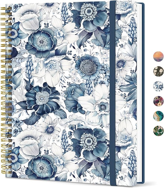 Taja Large Spiral Lined Journal for Women, 8.5" x 11" Notebooks for Work Collge Ruled, A4 Aesthetic Cute Journaling Notebooks for Writing, Plastic Cover, Blue Floral