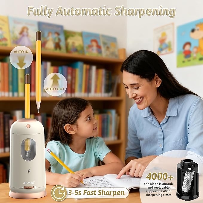AFMAT Electric Pencil Sharpener, Auto in & Out, Fully Automatic Pencil Sharpener, Rechargeable Hands-Free Sharpeners for Jumbo & Colored Pencils (7-11.5mm), Good for Classroom/Home PSC8(Off White)