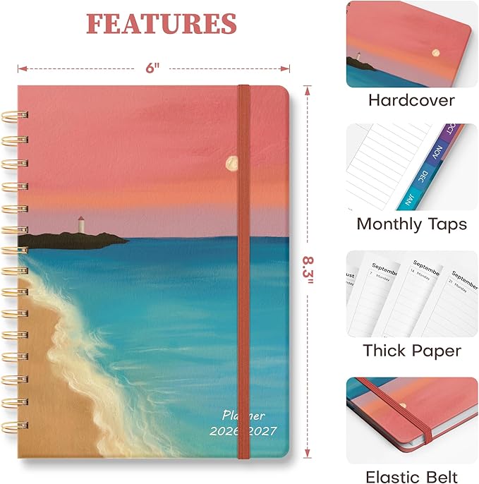 Planner 2026-2027 Monthly and Weekly Academic Planner July 2026 - June 2027, Hardcover Calendar 2026-2027 Agenda Daily Planner for Student Teacher School Office Supplies, 6" x 8.3", Sea Sunset