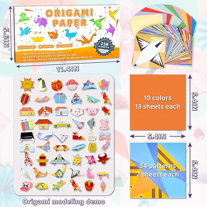 MOBYKE 238 Sheets Origami Paper, Oragami kit for Kids ages with 54 Patterns Projects, Double Sided Colored Blank Orgami Bulk Folding Book, Square Craft Patterned Papers Gift Set for Beginners Boy Girl