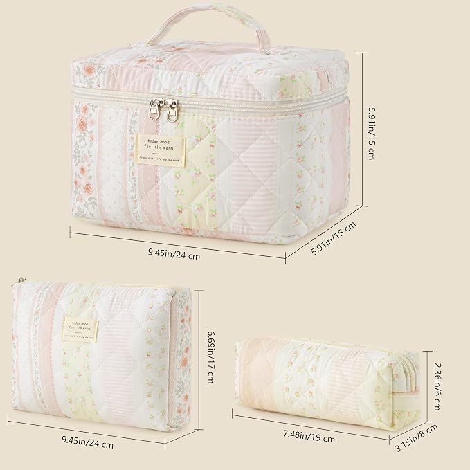 HBselect Quilted Makeup Bag, 3Pcs Cotton Large Travel Makeup Bags Organizer | Cute Floral Make up Bag Cosmetic Bag Toiletry Bag for Women Girls, Makeup Pouch for Skincare, Brushes & Travel Essentials