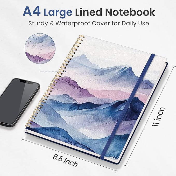 Taja Large Spiral Lined Journal for Women, 8.5" x 11" Notebooks for Work Collge Ruled, A4 Aesthetic Cute Journaling Notebooks for Writing, Plastic Cover, Distant Peaks