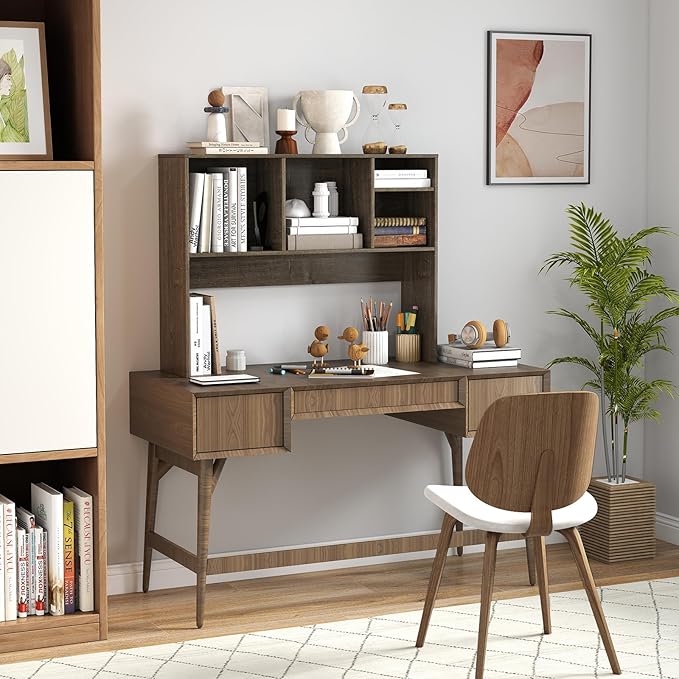 Giantex Desktop Bookshelf, Countertop Storage Hutch with 4 Shelves for Computer Desk, Dressing Tabletop Display Rack, Multipurpose Desk Hutch Storage Organizer for Home Office Dorm (Grey Oak)