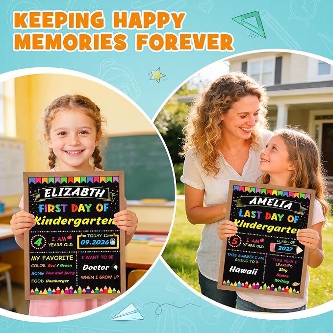 First & Last Day of School Signs with 6 Colorful Markers, 11 x 14 Inch Double Sided Back to School Board for Kids, Girls, Boys, Reusable Wooden 1st Day Chalkboard Sign of Preschool/Kindergarten